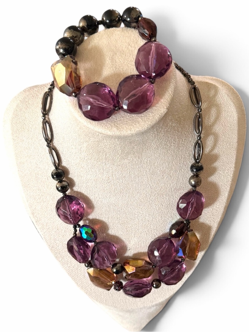 Chico's Purple and Amber Faceted Bead Necklace with Bracelet Set EUC